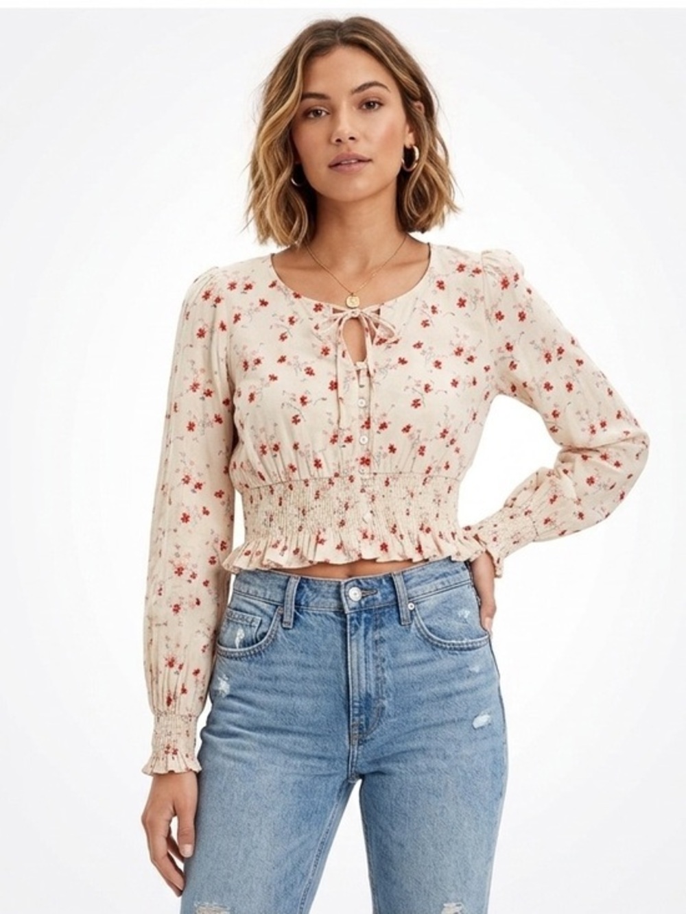 American Eagle Smocked Long Sleeve Floral Top With Ruffle Trim Size Extra Small
